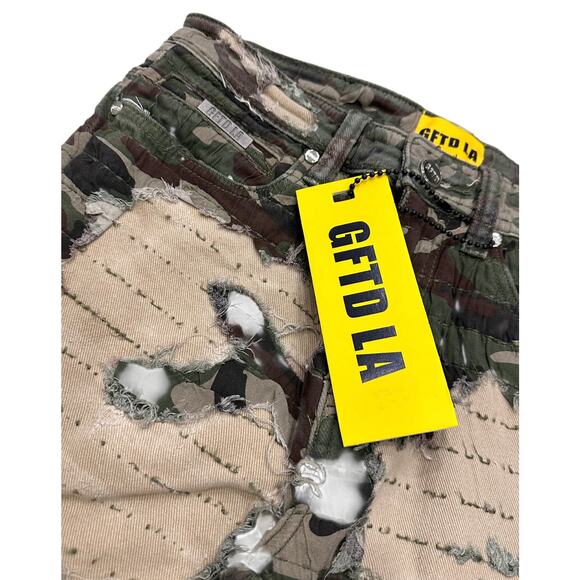 GFTD LA Los Angeles Men's Skinny Stacked Flared Distressed Rip Camo Denim Jeans - Picture 4 of 4